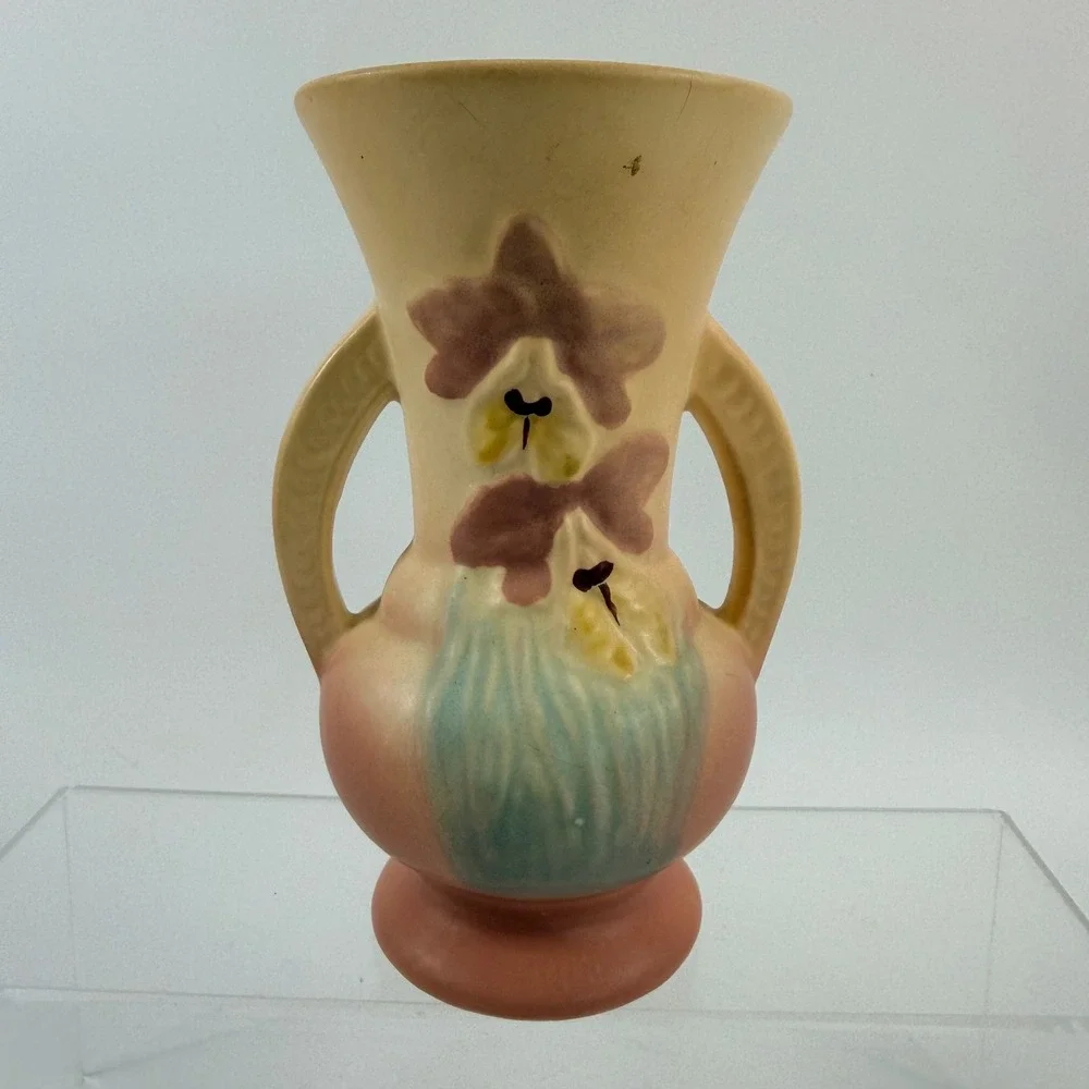 Vintage Hull Pottery Orchid Vase Two Handle 1-6.5 Pink Yellow Cream Matte 6.5in